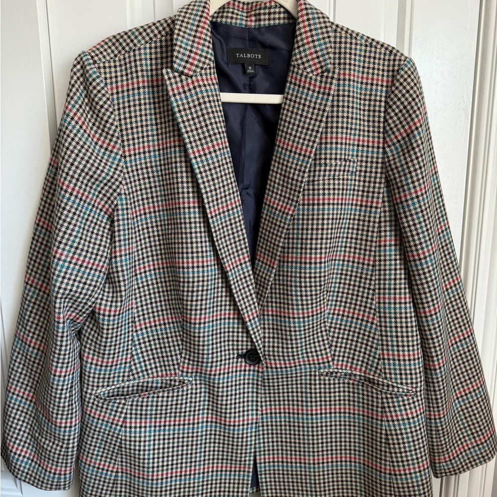 Talbots Houndstooth Blazer in Navy, Teal & Red